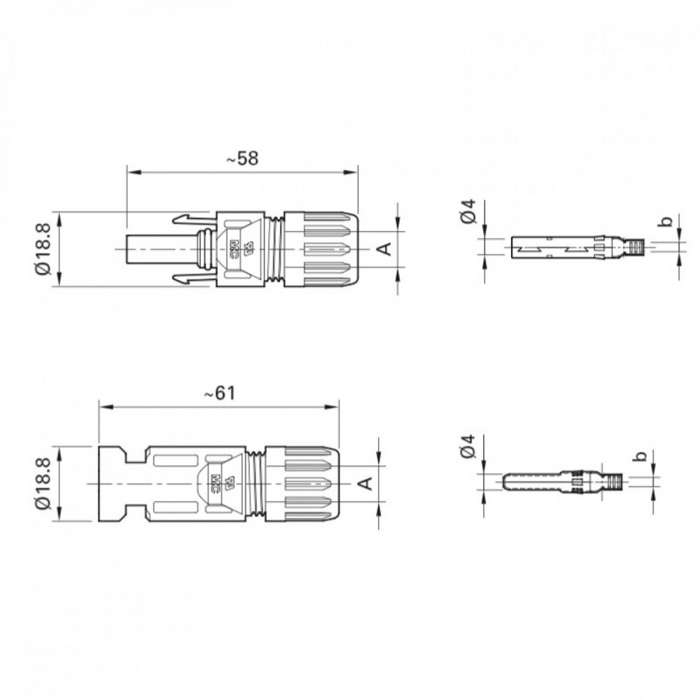 Abmessungen MC4-Stecker und Buchse Abmessungen MC4-Stecker und Buchse
