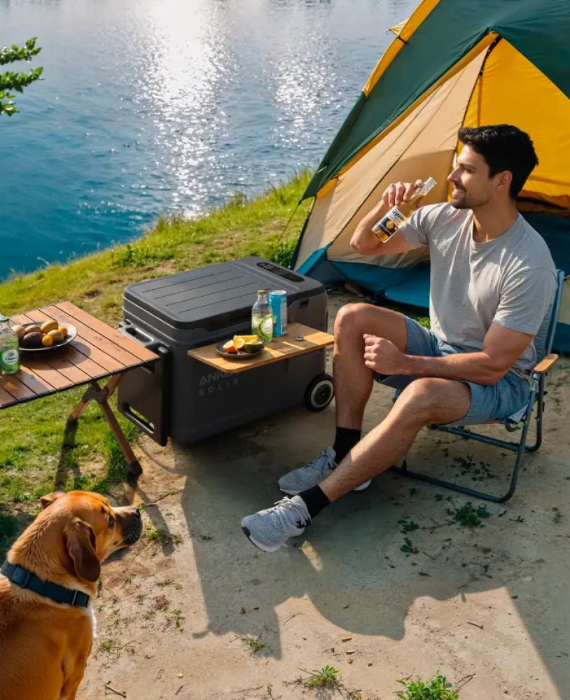 Anker SOLIX EverFrost 2 23L beim Camping am See mit Klapptisch als Servierstation und Hund