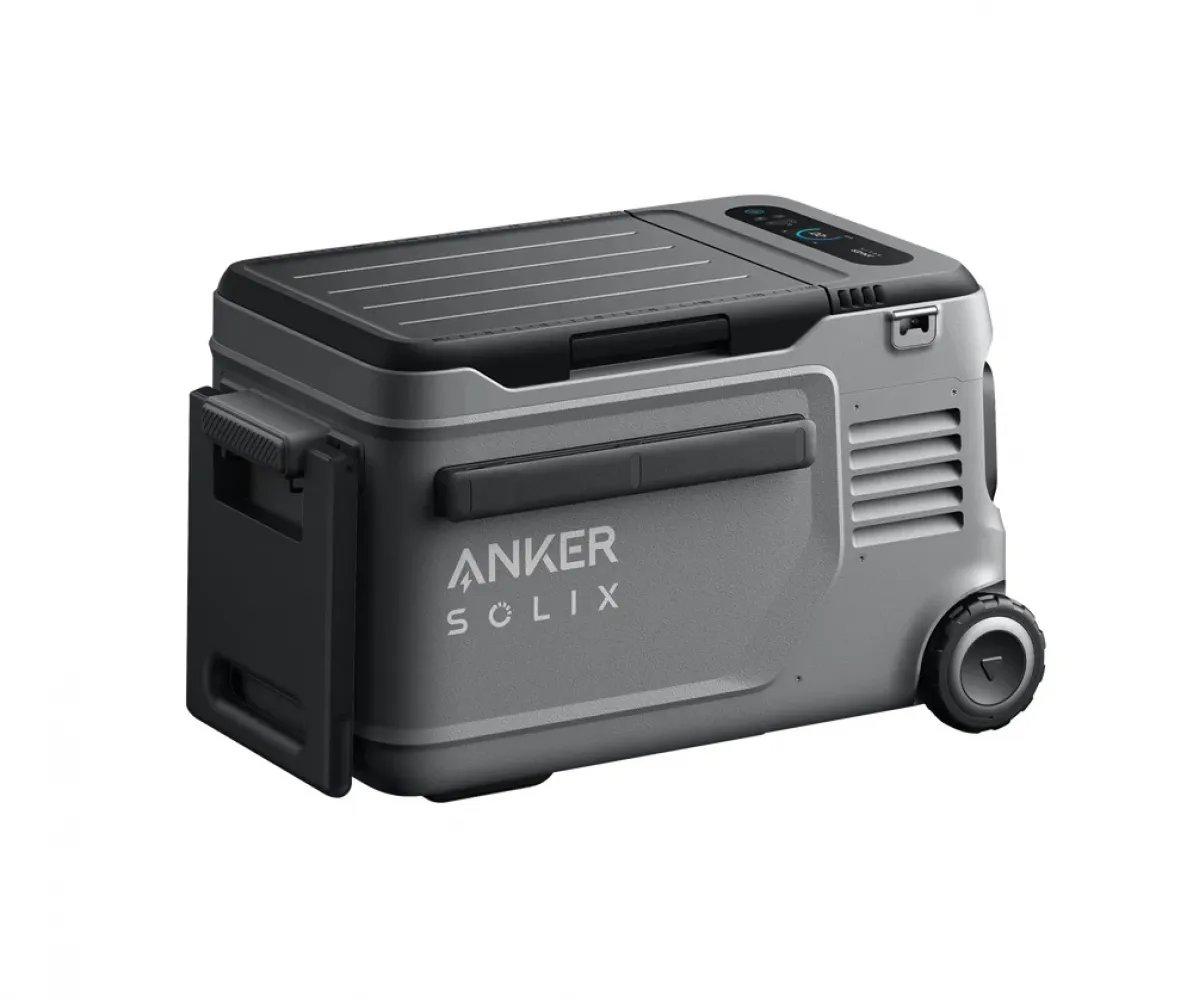 Anker SOLIX EverFrost 2 23L schräg vorne mit eingeklapptem Seitengriff und Rad