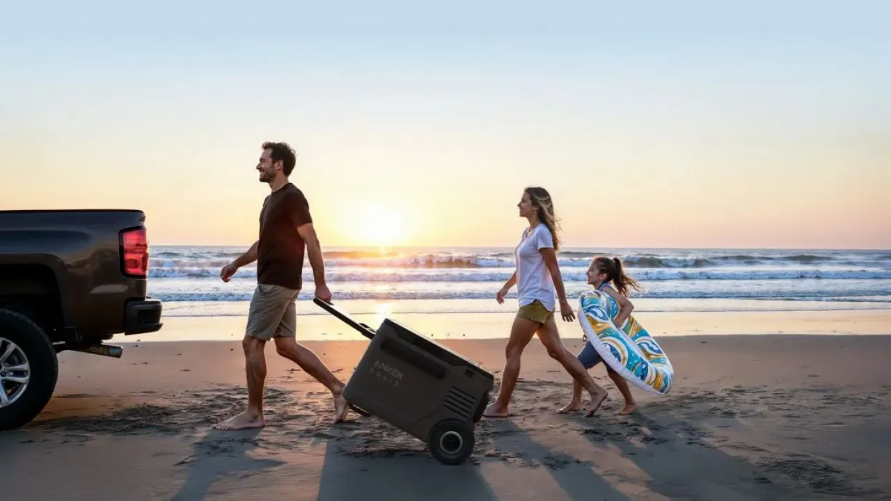 Familie zieht die Anker SOLIX EverFrost 2 40L Akku-Kühlbox am Strand bei Sonnenuntergang