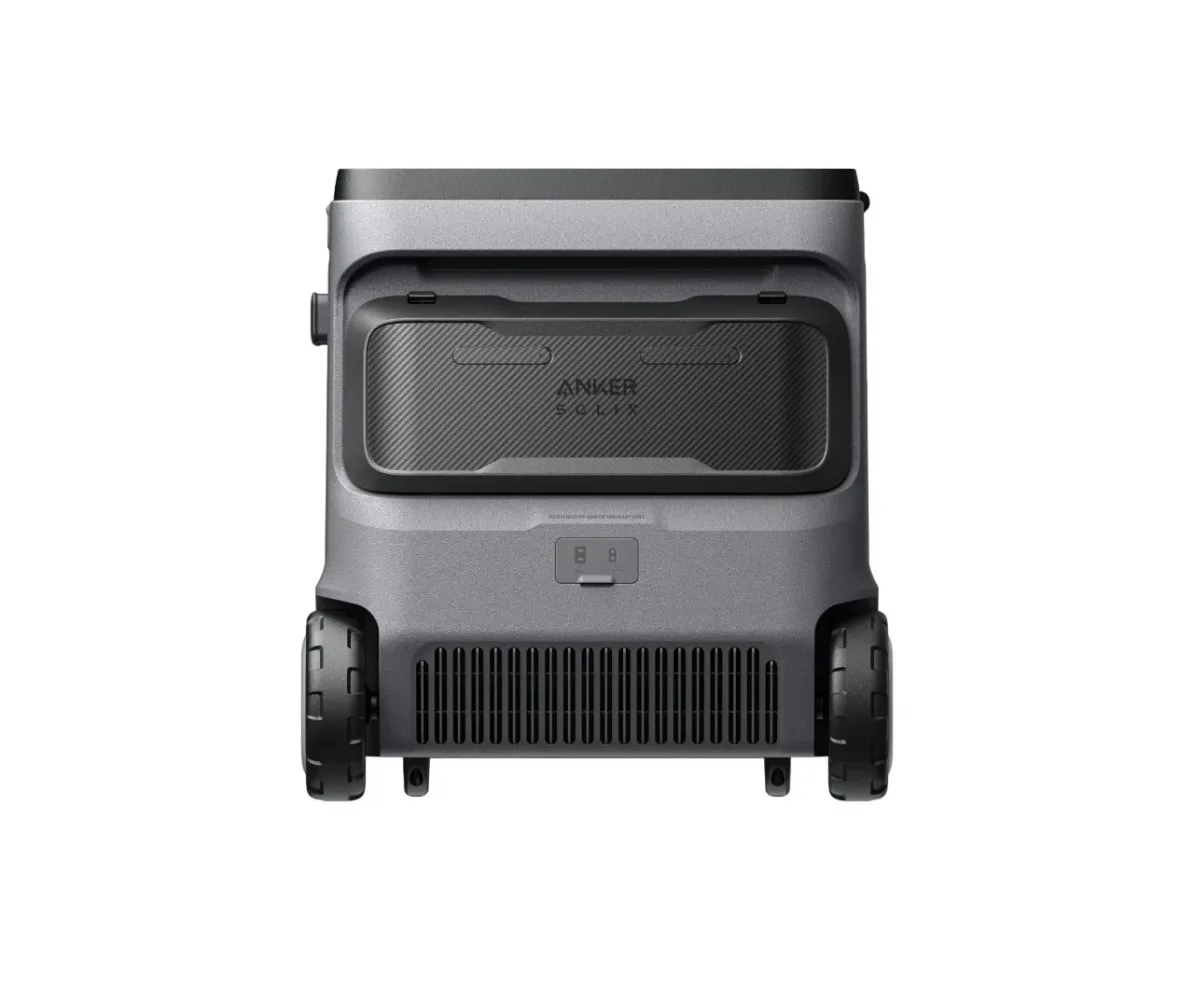 Anker SOLIX EverFrost 2 40L Akku-Kühlbox Rückansicht mit FrostFlow-Lüftungsgitter und EasyTow-Rädern