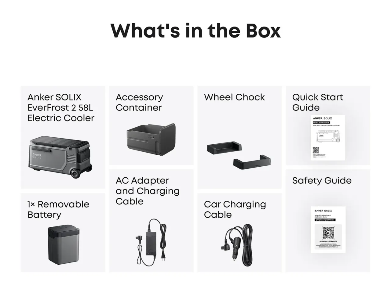 Lieferumfang der Anker SOLIX EverFrost 2 58L: Kühlbox, 288 Wh LFP-Akku, AC-Netzteil mit EU-Stecker, Kfz-Kabel, Zubehör | EverFrost 2 Lieferumfang