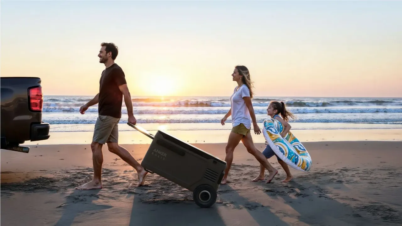 Anker SOLIX EverFrost 2 58L Akku-Kühlbox am Strand bei Sonnenuntergang von einer Familie zum Wasser gezogen | Anker SOLIX EverFrost 2 58L kaufen