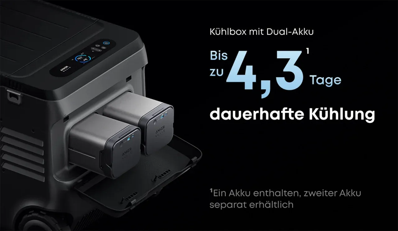 Anker SOLIX EverFrost 2 Kühlbox mit Dual-Akku-System für bis zu 4,3 Tage dauerhafte Kühlung — Hersteller-Marketinggrafik auf Deutsch