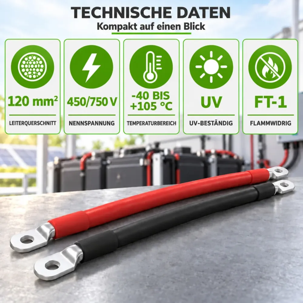 1m Batteriekabel 120mm² beidseitig M8 rot-schwarz Offgridtec – technische Daten: Nennspannung 450/750 V, -40 bis +105 °C, UV-