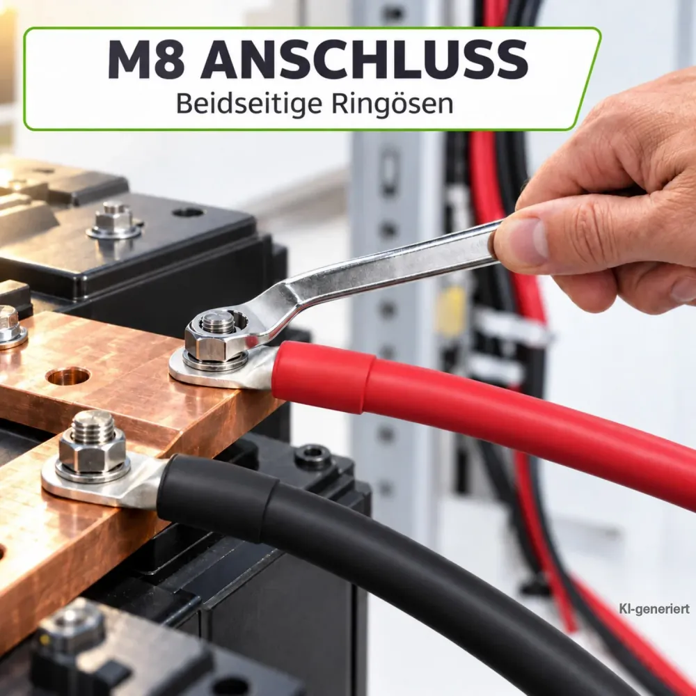 2m Batteriekabel 70mm² beidseitig M8 rot-schwarz Offgridtec – Montage der M8-Ringöse mit Schraubenschlüssel