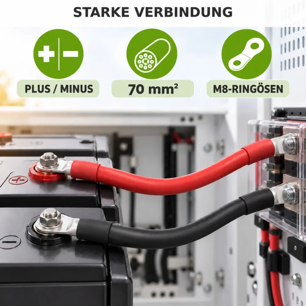 2m Batteriekabel 70mm² beidseitig M8 rot-schwarz Offgridtec an Plus- und Minuspol einer Batterie angeschlossen