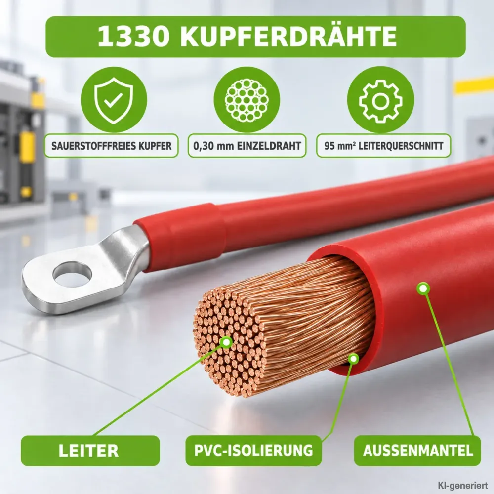 1m Batteriekabel 95mm² beidseitig M8 rot-schwarz Offgridtec – Leiteraufbau aus feindrähtigen Kupferdrähten mit PVC-Isolierung