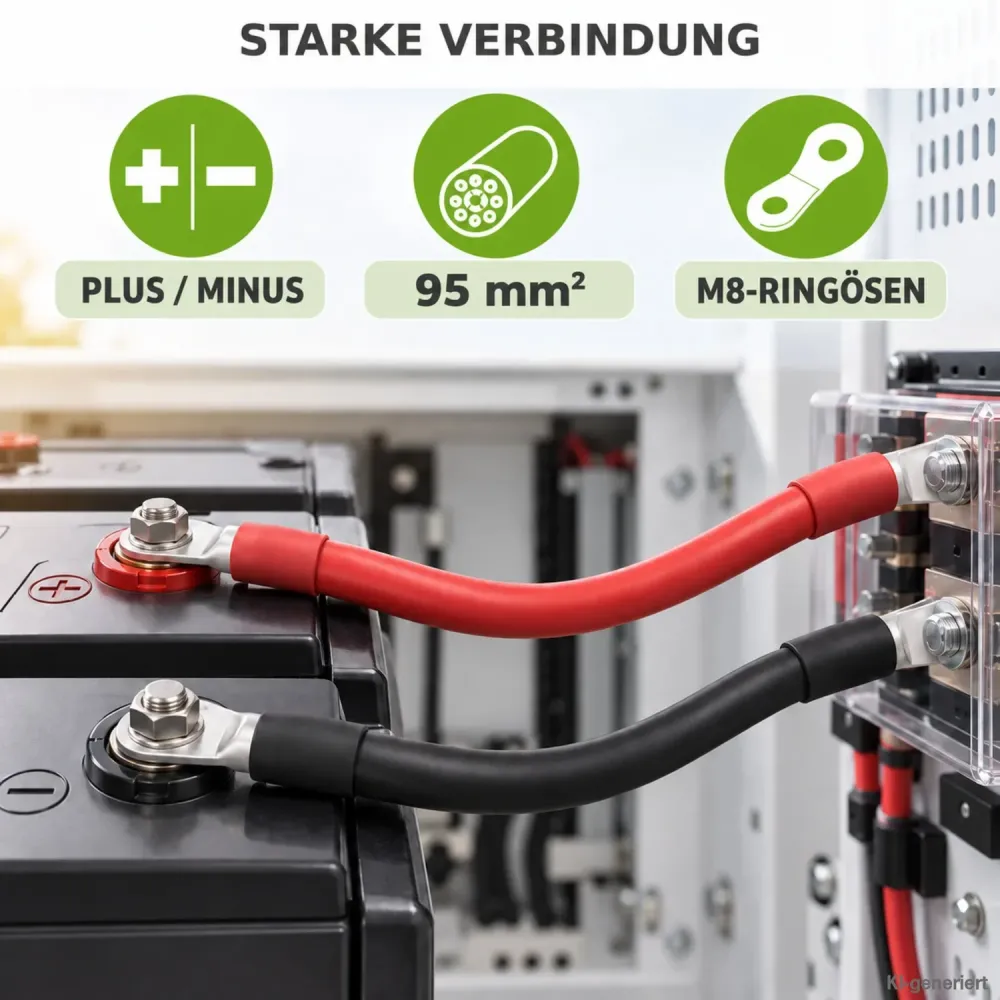 2m Batteriekabel 95mm² beidseitig M8 rot-schwarz Offgridtec an Plus- und Minuspol einer Batterie angeschlossen