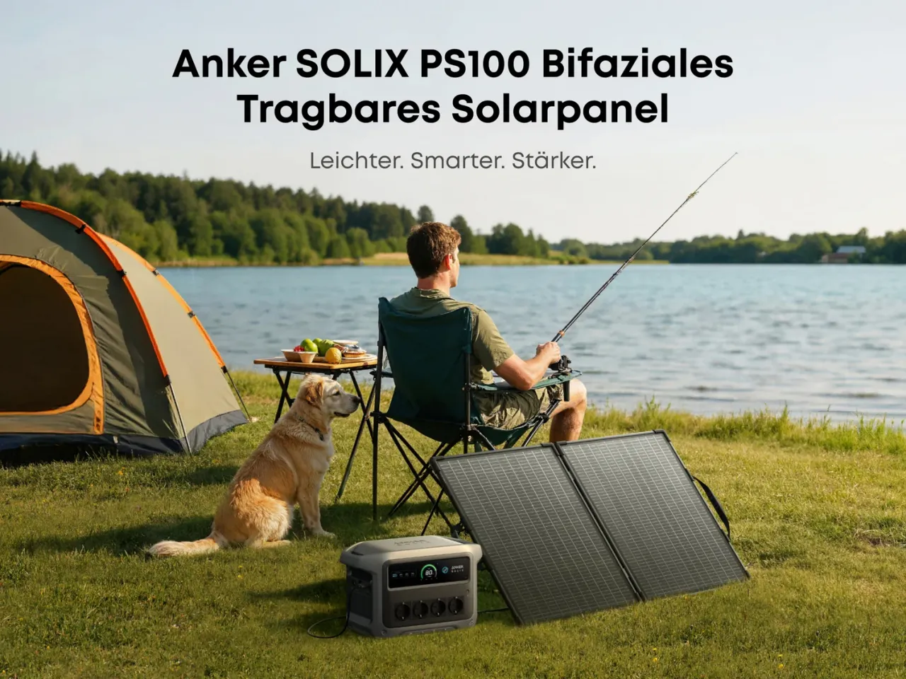 Anker SOLIX PS100 Solarpanel lädt Powerstation beim Camping am See
