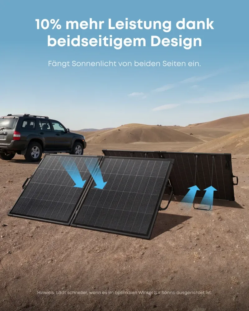 Zwei Anker SOLIX PS200 Solarpanels bifazial im Gelaende mit Lichtpfeilen