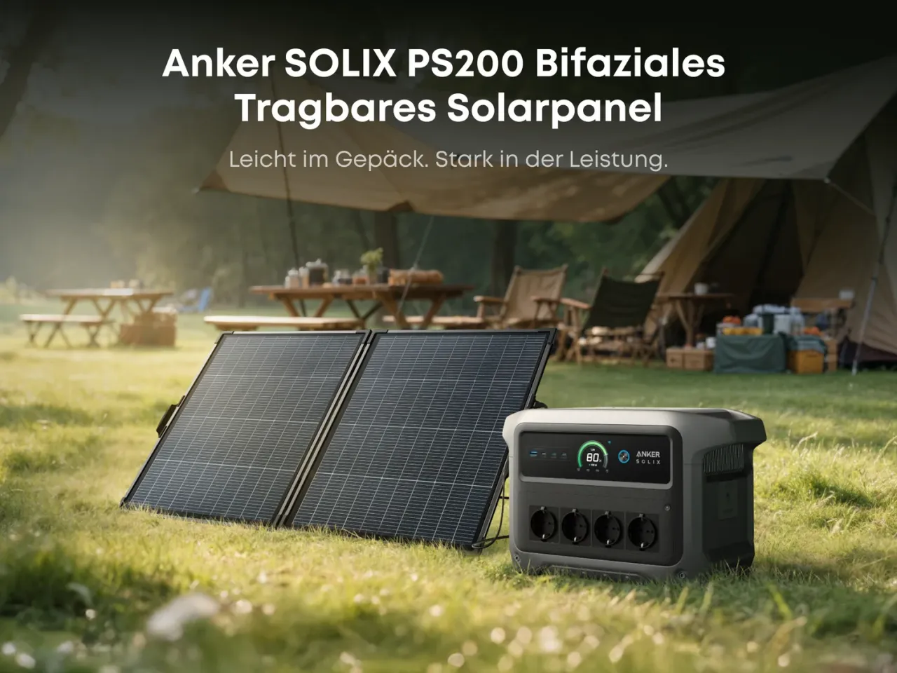 Anker SOLIX PS200 Solarpanel lädt Powerstation beim Camping am See