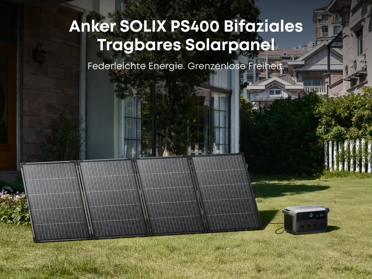 Anker SOLIX PS400 bifaziales Solarpanel lädt Powerstation im Garten