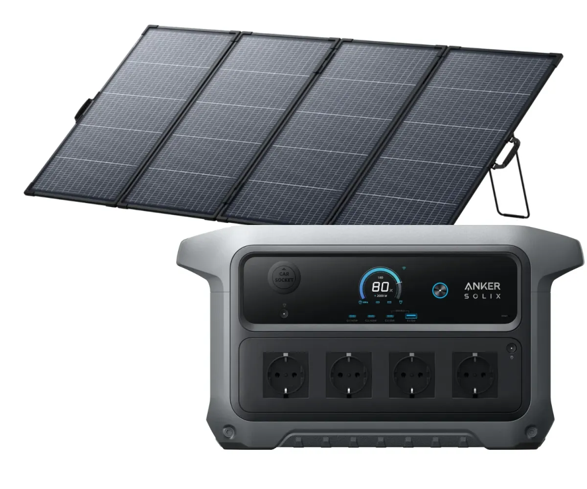 Anker SOLIX PS400 bifaziales 400W Solarpanel aufgeklappt mit C2000 Gen 2 Powerstation im Studio