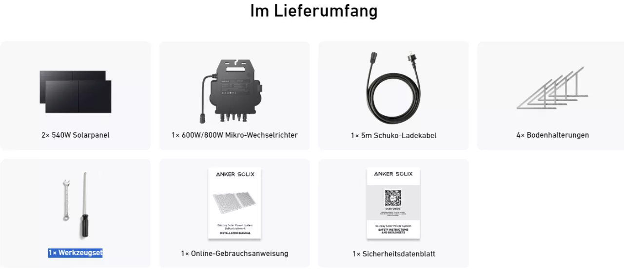 Lieferumfang 1080W Anker Solix Balkonkraftwerk 2x 540W RS50B, MI80 Wechselrichter Bodenhalterung Lieferumfang 1080W Anker Solix Balkonkraftwerk 2x 540W RS50B, MI80 Wechselrichter Bodenhalterung