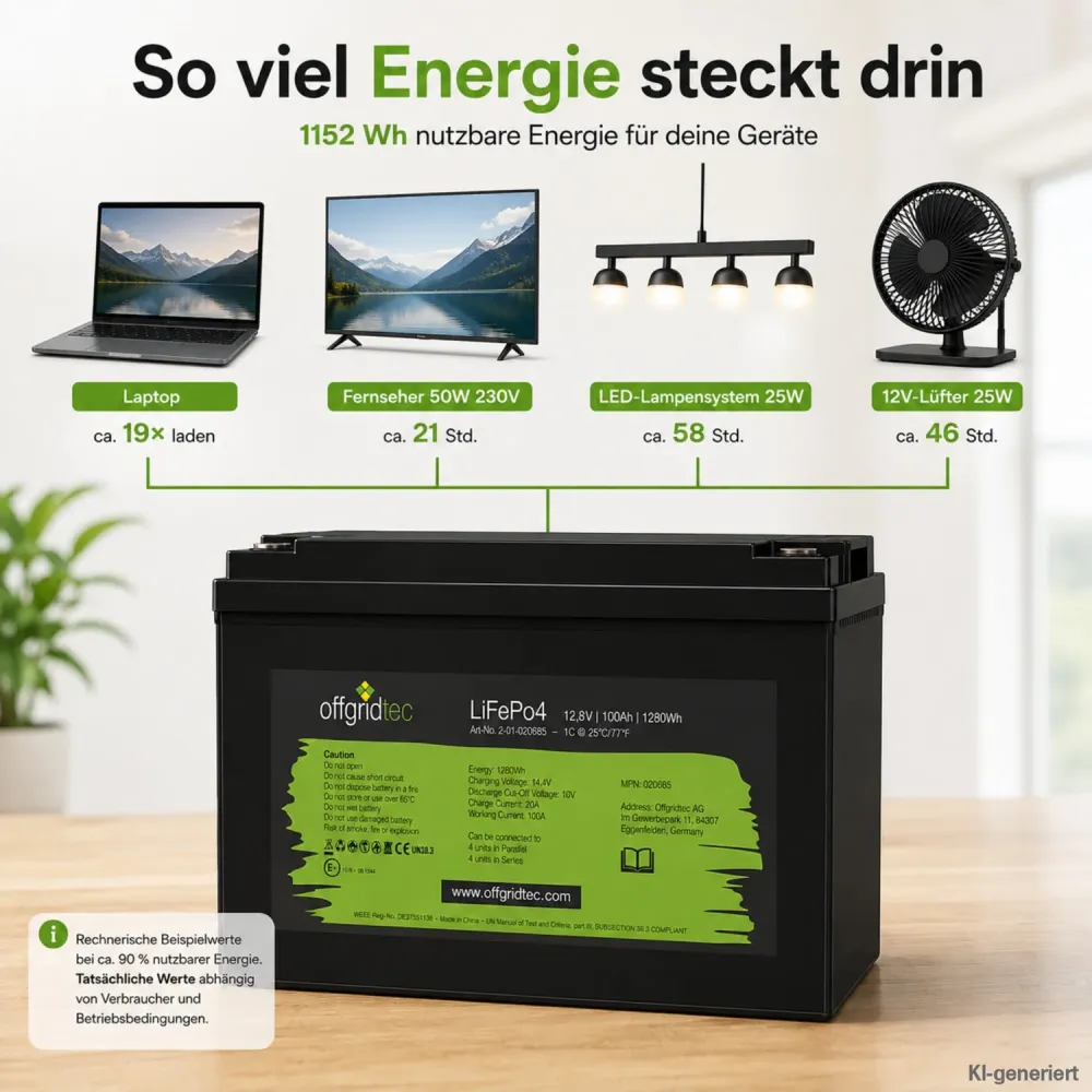 LiFePO4 Akku 12V 100Ah Laufzeitbeispiele fuer Laptop Beleuchtung und 230-V-Verbraucher