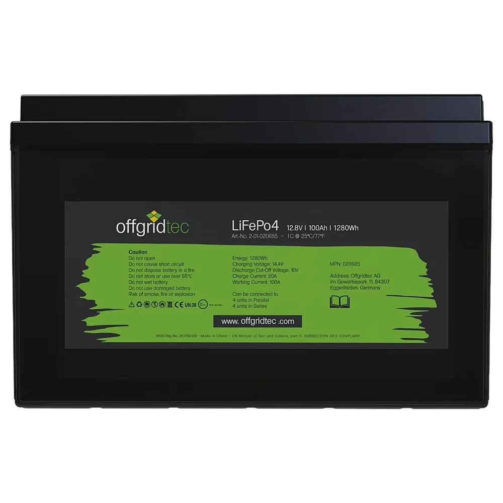 LiFePO4 Akku 12V 100Ah Frontalansicht mit Typenschild und technischen Daten