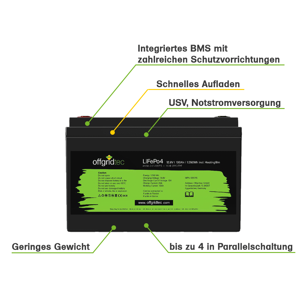 100Ah 12V LiFePO4 Pro Akku 1280Wh 12,8V mit BMS + Heizmatte