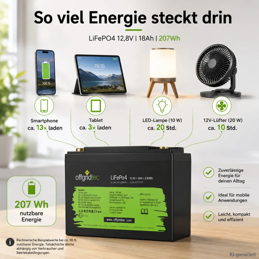 LiFePO4 Akku 12V 18Ah Laufzeitbeispiele fuer Laptop Beleuchtung und 230-V-Verbraucher