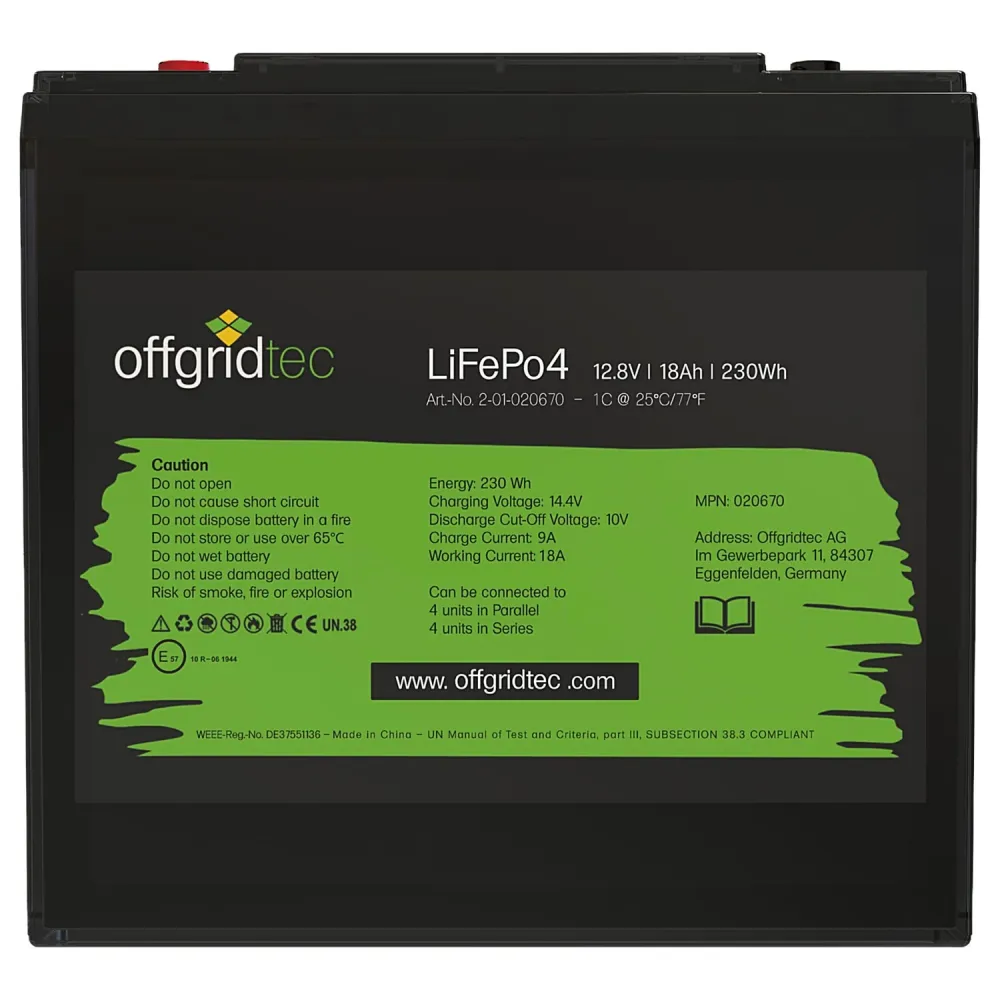 LiFePO4 Akku 12V 18Ah Frontalansicht mit Typenschild und technischen Daten