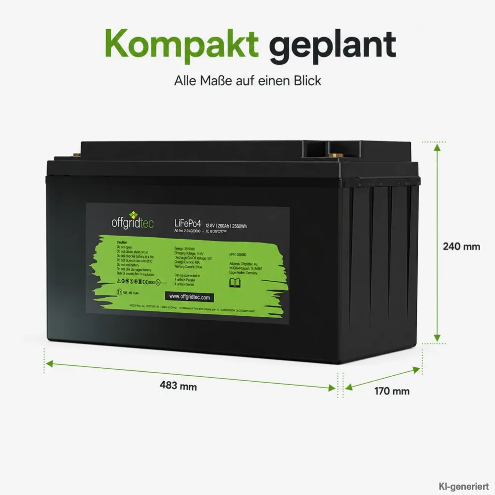 LiFePO4 Akku 12V 200Ah Abmessungen 483 x 170 x 240 mm als Massskizze
