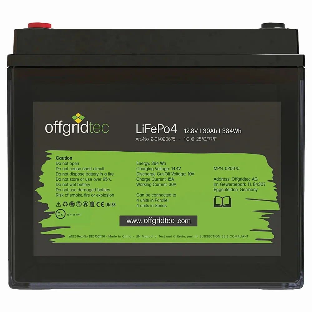 LiFePO4 Akku 12V 30Ah Frontalansicht mit Typenschild und technischen Daten