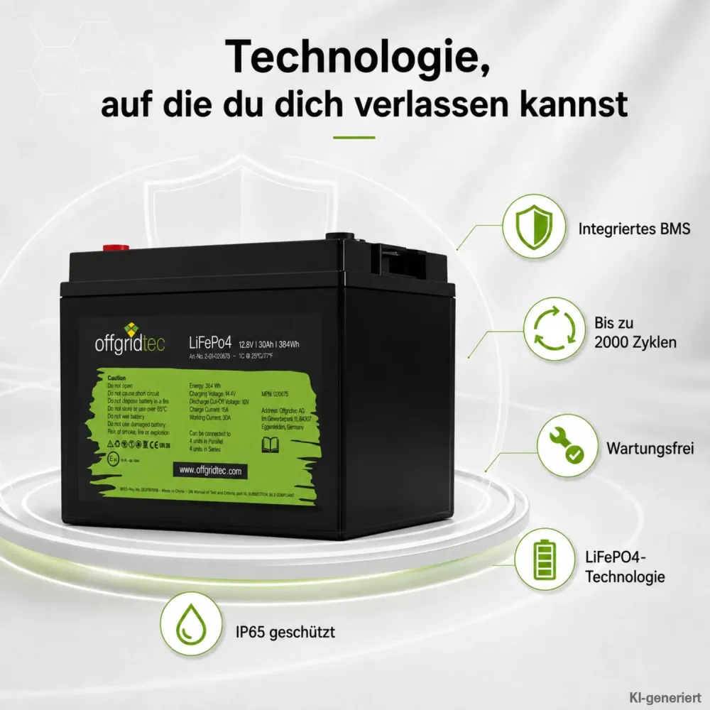 LiFePO4 Akku 12V 30Ah Uebersicht der Produktmerkmale BMS IP-Schutz und Zyklenzahl