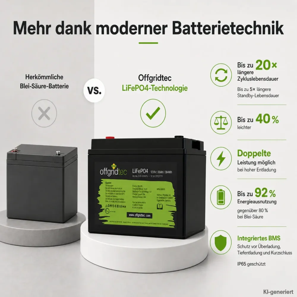 LiFePO4 Akku 12V 30Ah im Vergleich zur Blei-Saeure-Batterie Gewicht und Zyklen