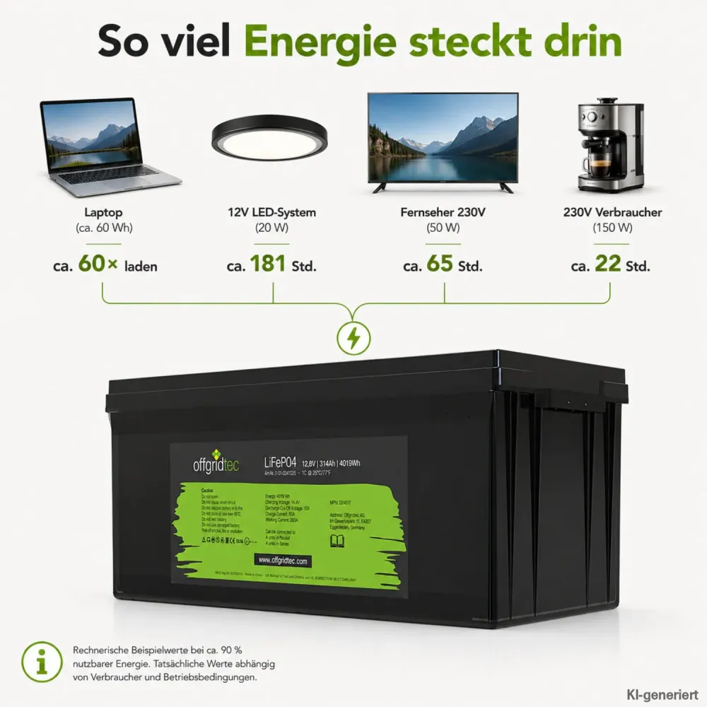 LiFePO4 Akku 12V 314Ah Laufzeitbeispiele fuer Laptop Beleuchtung und 230-V-Verbraucher