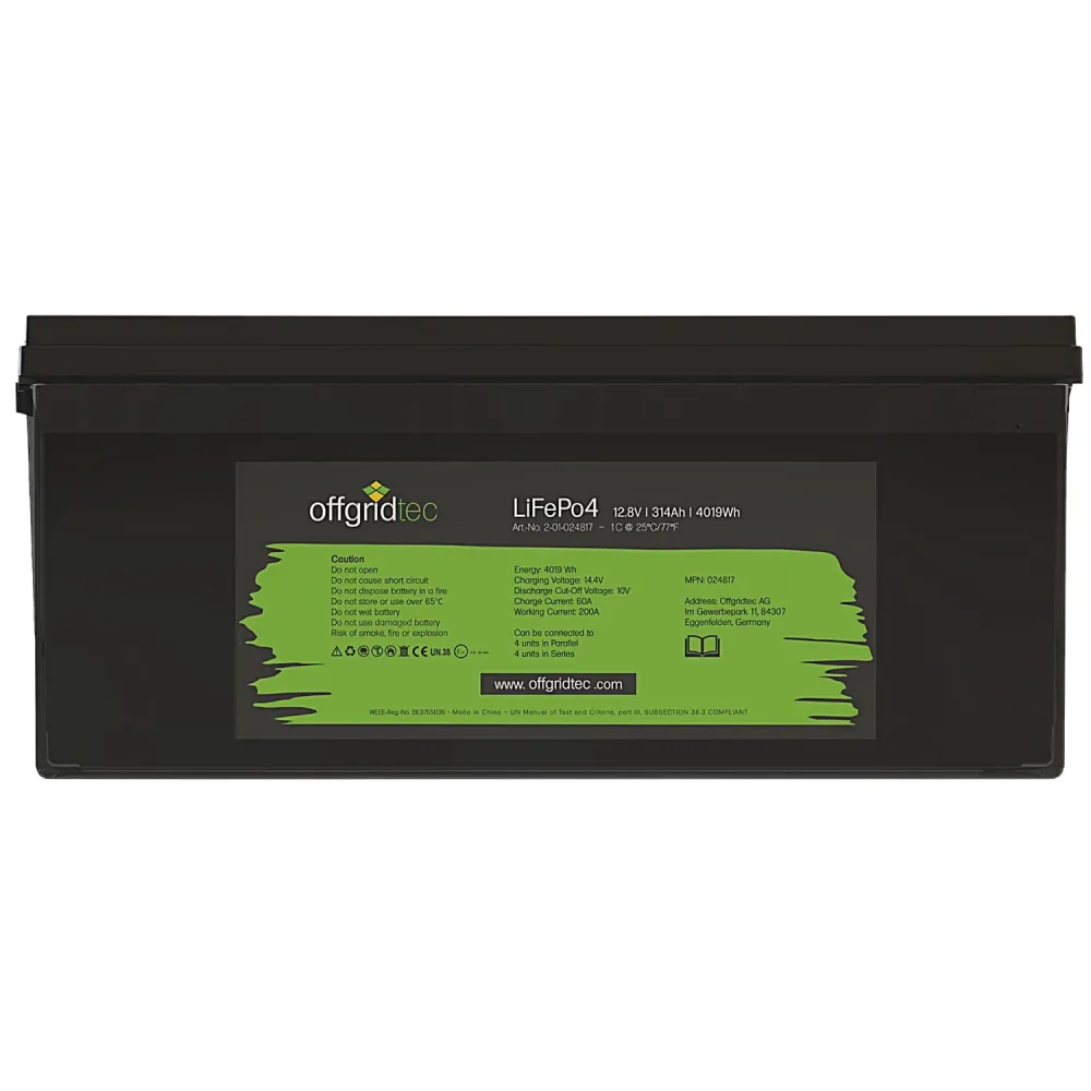 LiFePO4 Akku 12V 314Ah Frontalansicht mit Typenschild und technischen Daten