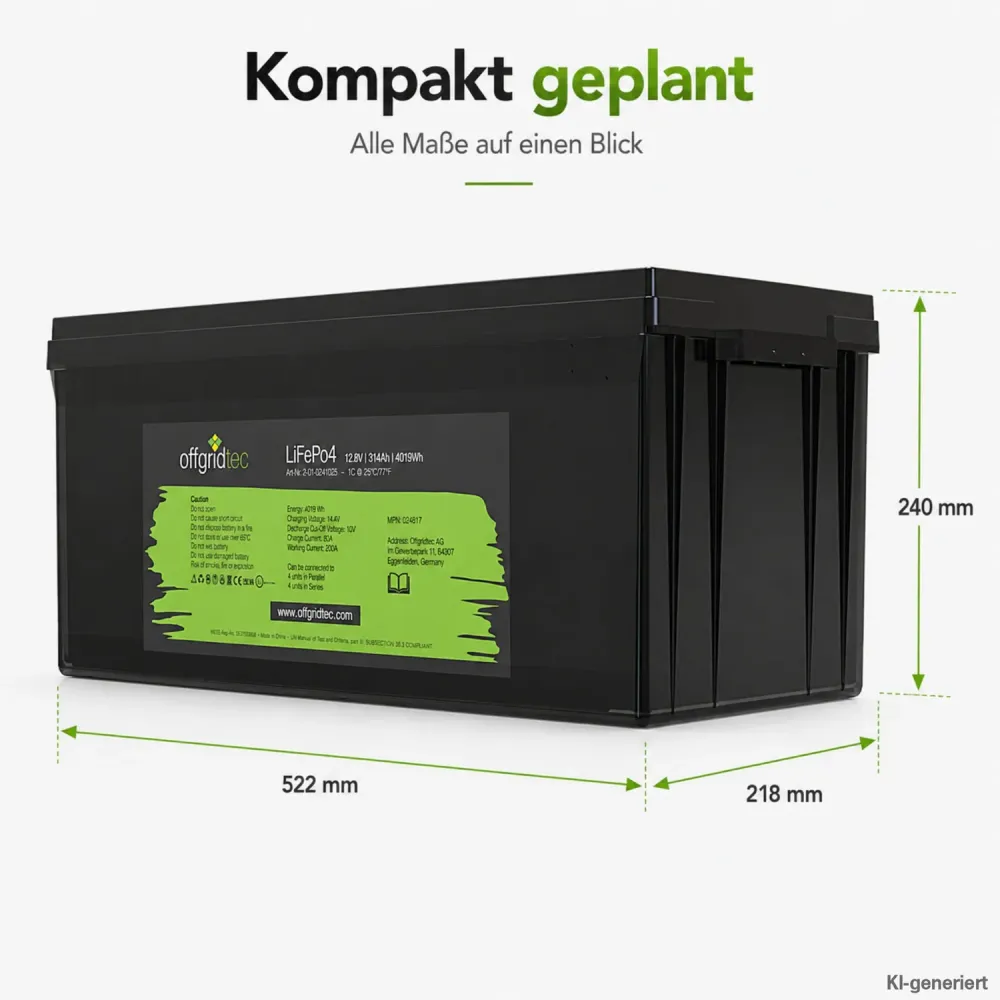 LiFePO4 Akku 12V 314Ah Abmessungen 522 x 240 x 218 mm als Massskizze