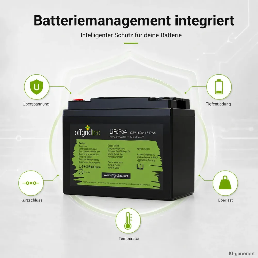 LiFePO4 Akku 12V 50Ah integriertes Batteriemanagementsystem Schutzfunktionen