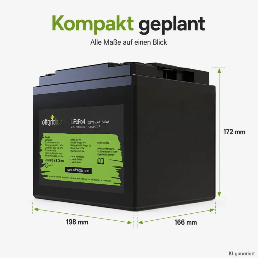LiFePO4 Akku 12V 50Ah Abmessungen 198 x 166 x 172 mm als Massskizze