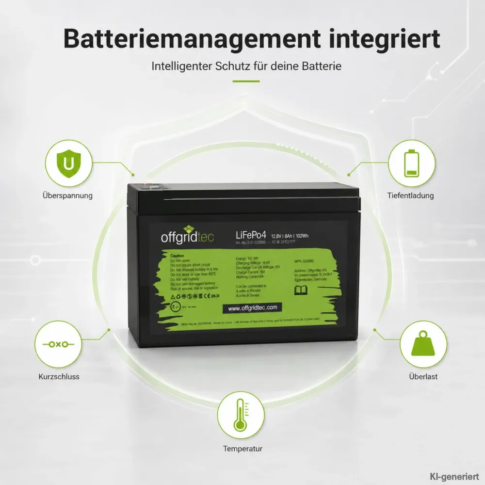 LiFePO4 Akku 12V 8Ah integriertes Batteriemanagementsystem Schutzfunktionen