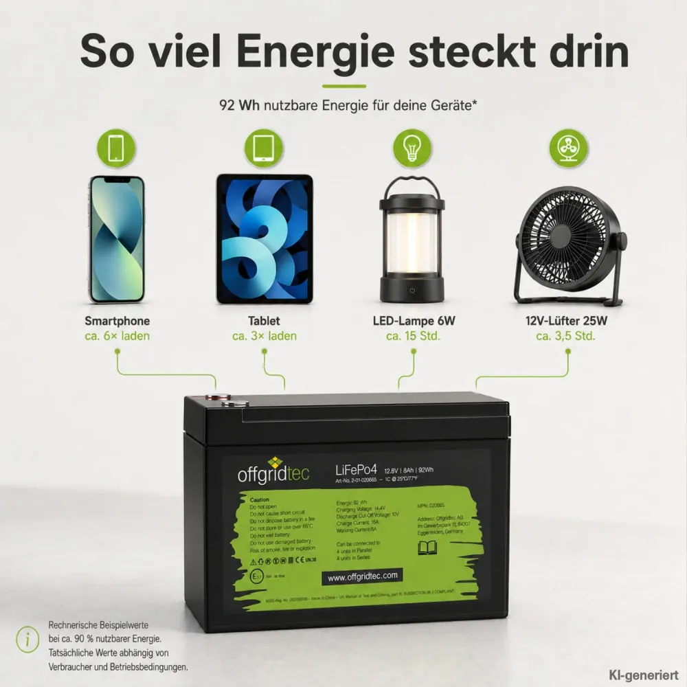 LiFePO4 Akku 12V 8Ah Laufzeitbeispiele fuer Laptop Beleuchtung und 230-V-Verbraucher