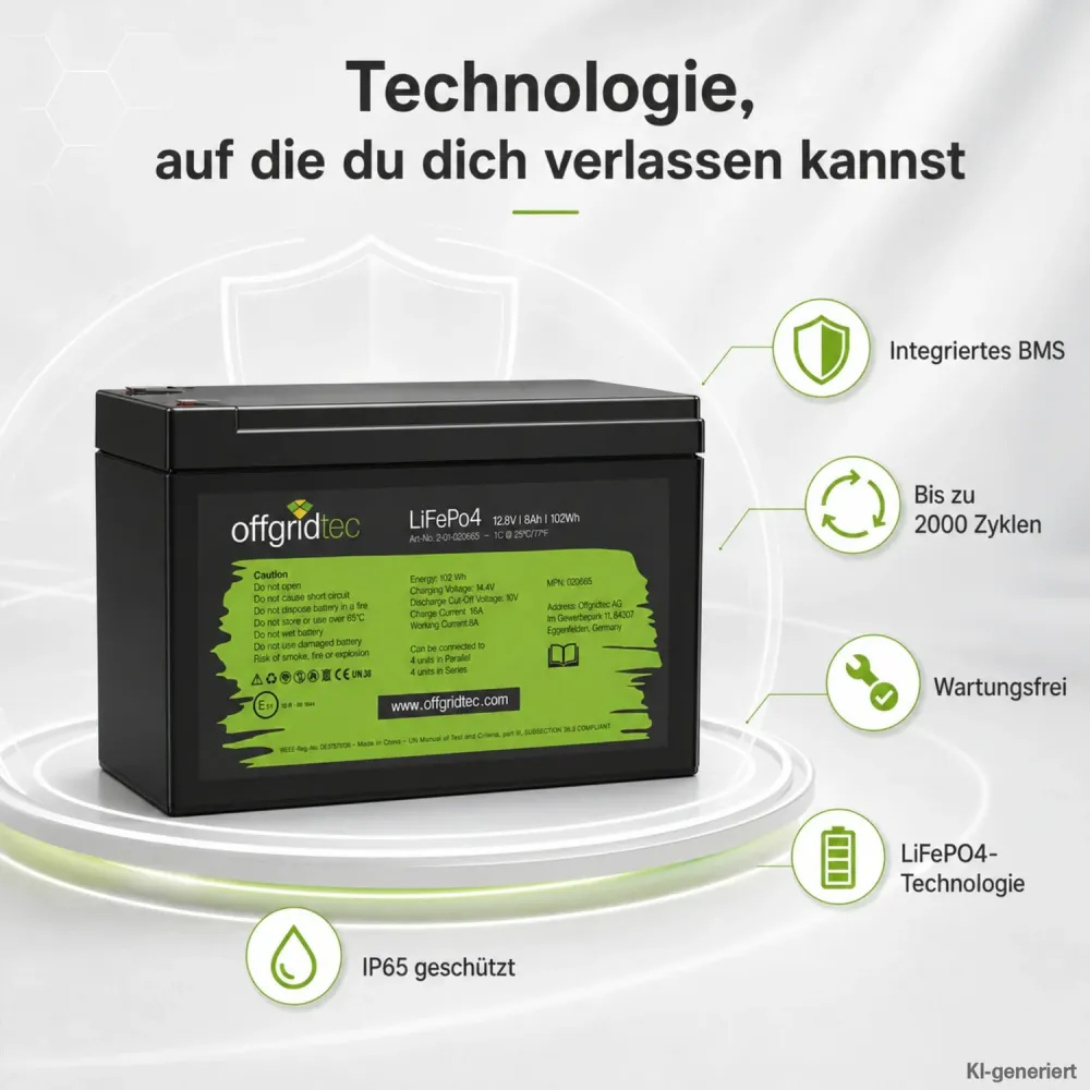 LiFePO4 Akku 12V 8Ah Uebersicht der Produktmerkmale BMS IP-Schutz und Zyklenzahl