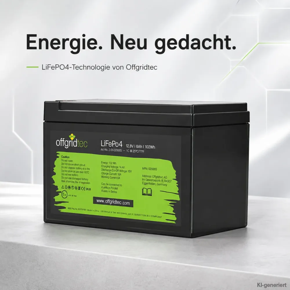 LiFePO4 Akku 12V 8Ah Offgridtec 12/8 schraege Frontansicht