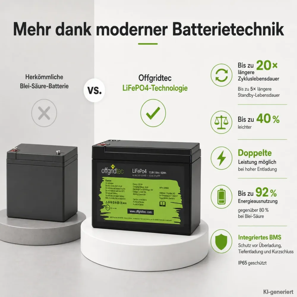 LiFePO4 Akku 12V 8Ah im Vergleich zur Blei-Saeure-Batterie Gewicht und Zyklen