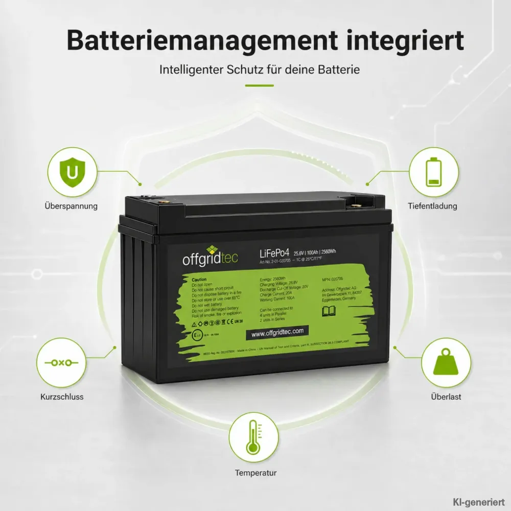 LiFePO4 Akku 24V 100Ah integriertes Batteriemanagementsystem Schutzfunktionen