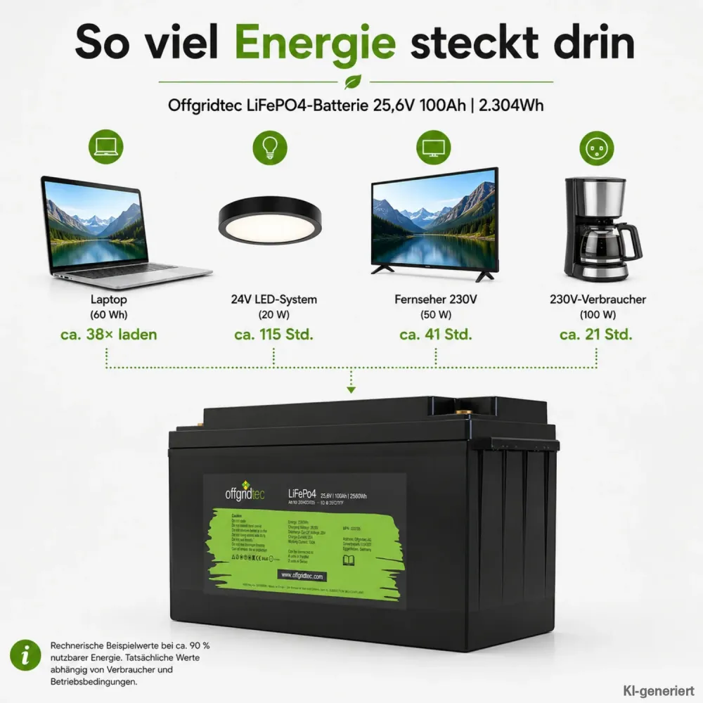 LiFePO4 Akku 24V 100Ah Laufzeitbeispiele fuer Laptop Beleuchtung und 230-V-Verbraucher