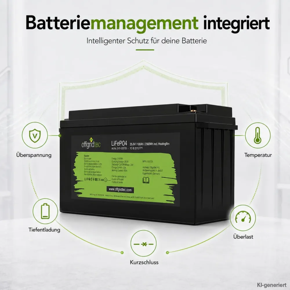 LiFePO4 Akku 24V 100Ah integriertes Batteriemanagementsystem Schutzfunktionen