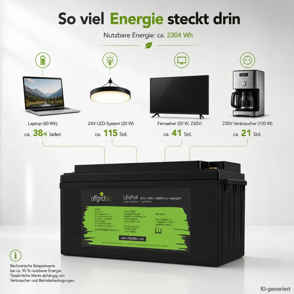 LiFePO4 Akku 24V 100Ah Laufzeitbeispiele fuer Laptop Beleuchtung und 230-V-Verbraucher