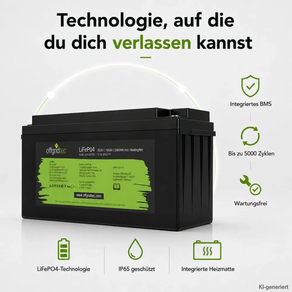 LiFePO4 Akku 24V 100Ah Uebersicht der Produktmerkmale BMS IP-Schutz und Zyklenzahl