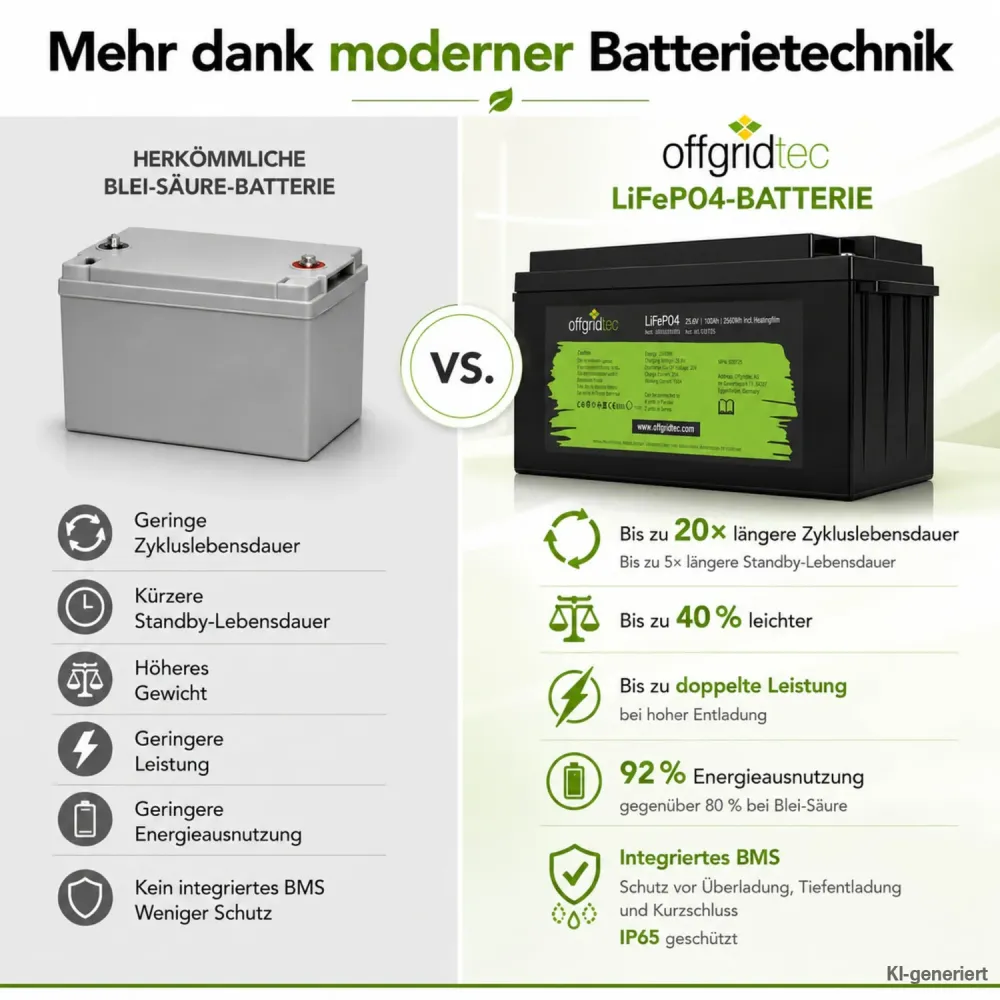 LiFePO4 Akku 24V 100Ah im Vergleich zur Blei-Saeure-Batterie Gewicht und Zyklen