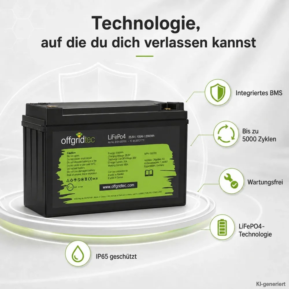 LiFePO4 Akku 24V 100Ah Uebersicht der Produktmerkmale BMS IP-Schutz und Zyklenzahl