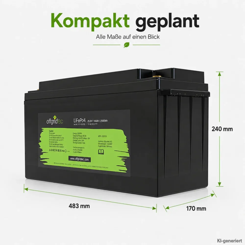 LiFePO4 Akku 24V 100Ah Abmessungen 483 x 170 x 240 mm als Massskizze