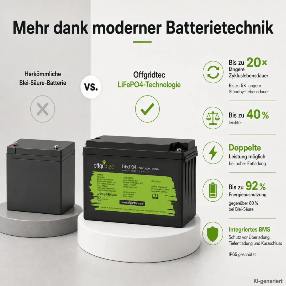 LiFePO4 Akku 24V 100Ah im Vergleich zur Blei-Saeure-Batterie Gewicht und Zyklen