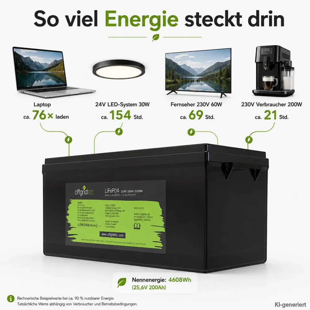 LiFePO4 Akku 24V 200Ah Laufzeitbeispiele fuer Laptop Beleuchtung und 230-V-Verbraucher