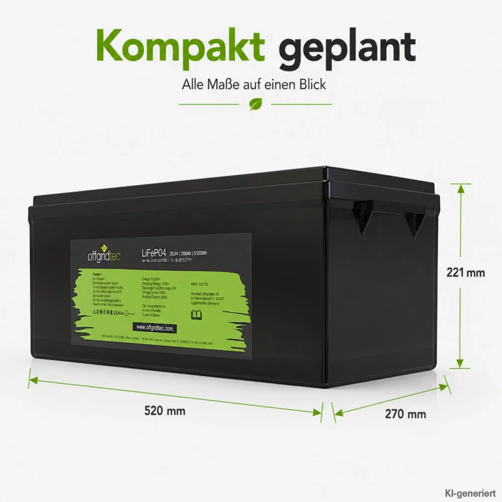LiFePO4 Akku 24V 200Ah Abmessungen 520 x 270 x 221 mm als Massskizze