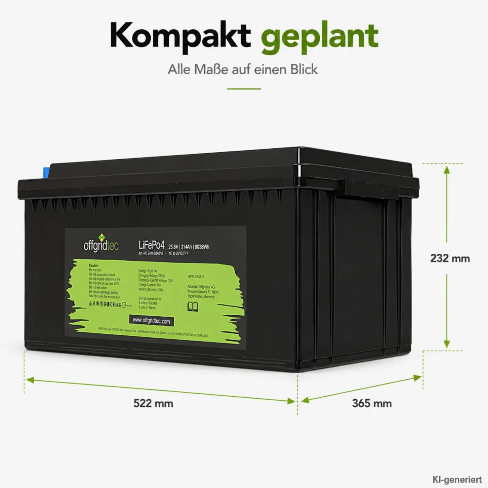 LiFePO4 Akku 24V 314Ah Abmessungen 522 x 232 x 365 mm als Massskizze
